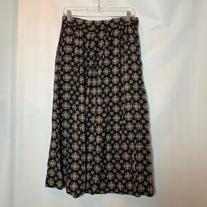 Vintage Joan Leslie Black Geometric Print Midi Skirt Women's Size 12 Pleated 90s